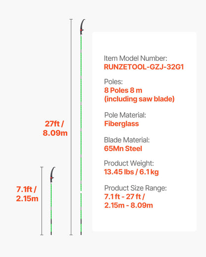 Manual Pole Saw, 118-809.3 Cm Extendable Pole Tree Pruner, Sharp 65Mn Steel Blade, Lightweight Fiberglass Handle Pole, Double-Hook Saw For High Branch Trimming, Pruning Tool For Palms, Shrubs
