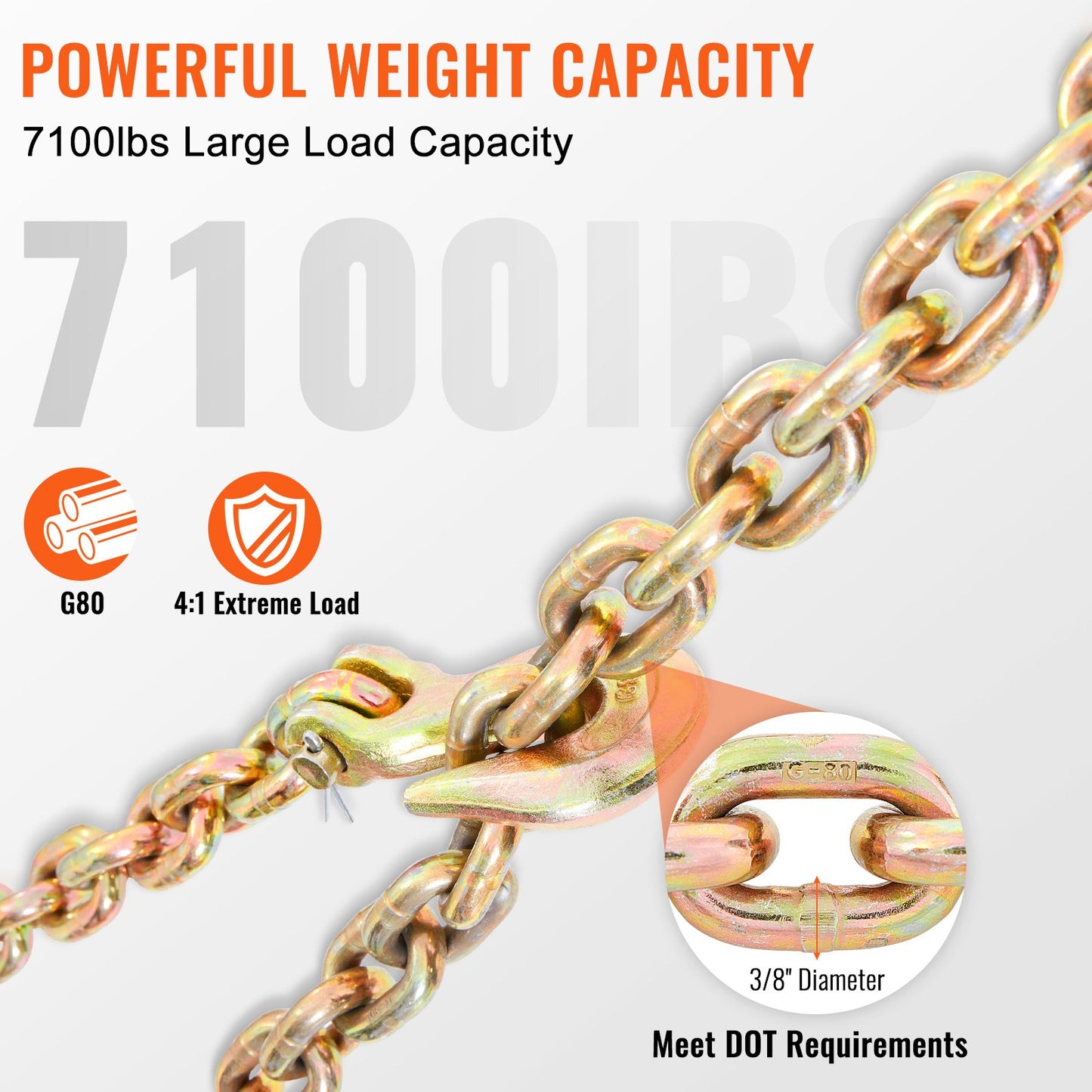 Transport Binder Chain, 3220 Kg Working Load Limit, 0.95 Cm X 6.1 M G80 Tow Chain Tie Down With Grab Hooks, DOT Certified, Galvanized Coating Manganese Steel For Dock Factory Construction Site